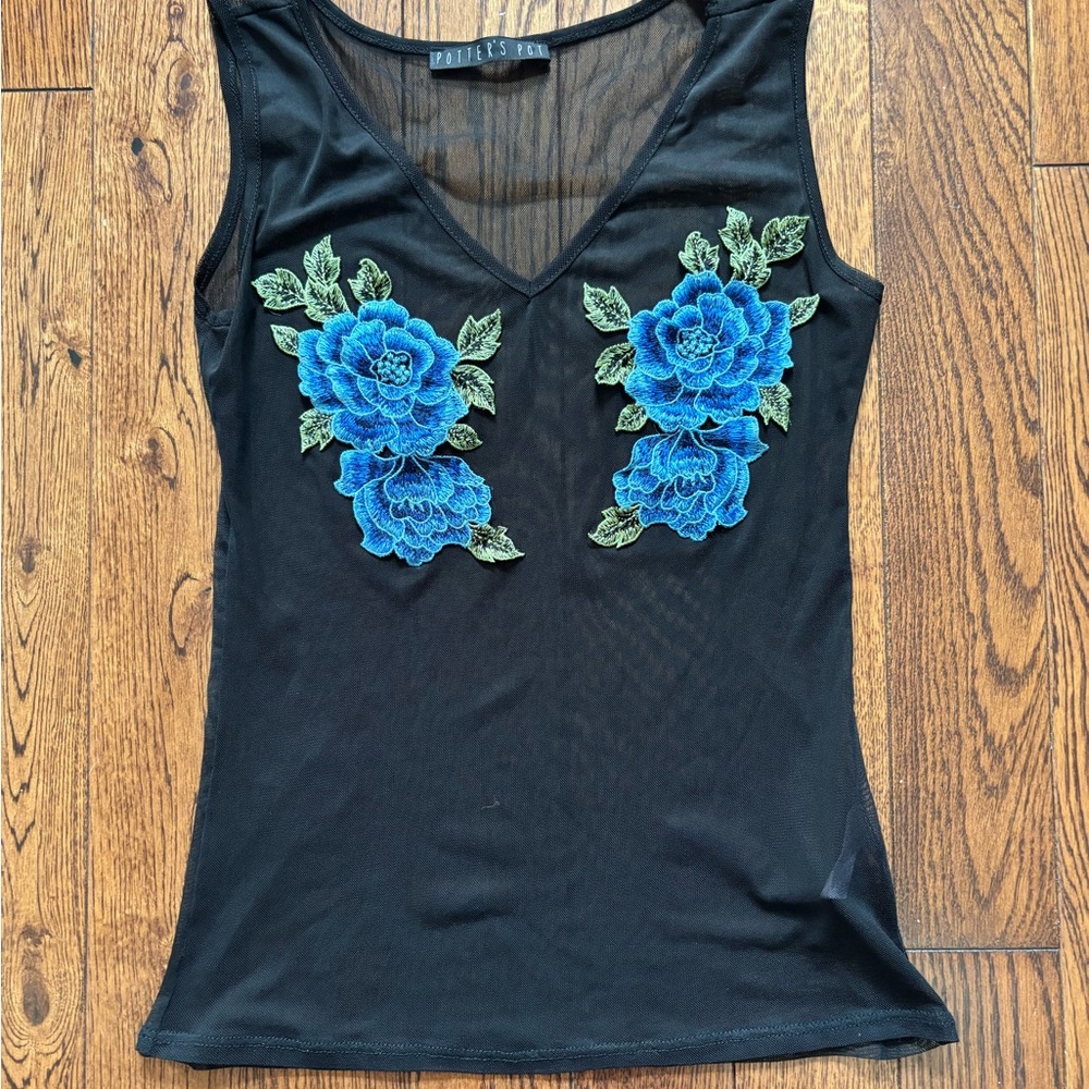 Potter's Pot Black Tank Top with Blue Floral Design